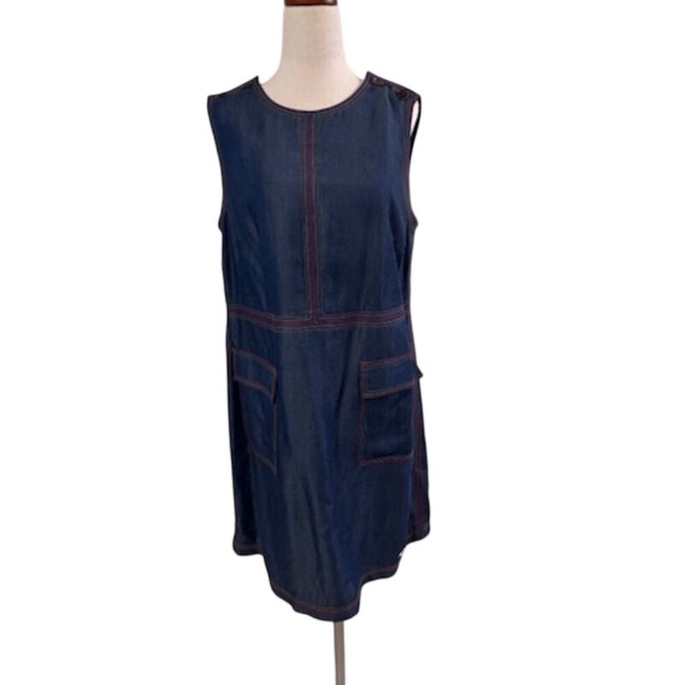 Ted Baker Denim Shift Dress SZ 3 Blue Contrast Stitch Sleeveless Pockets S
